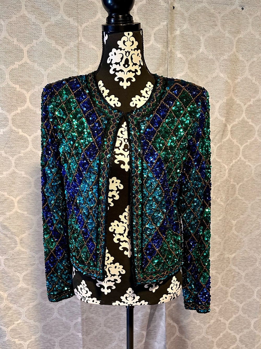 Laurence Kazar Silk vintage Sequin Harlequin Beaded Jacket size Medium